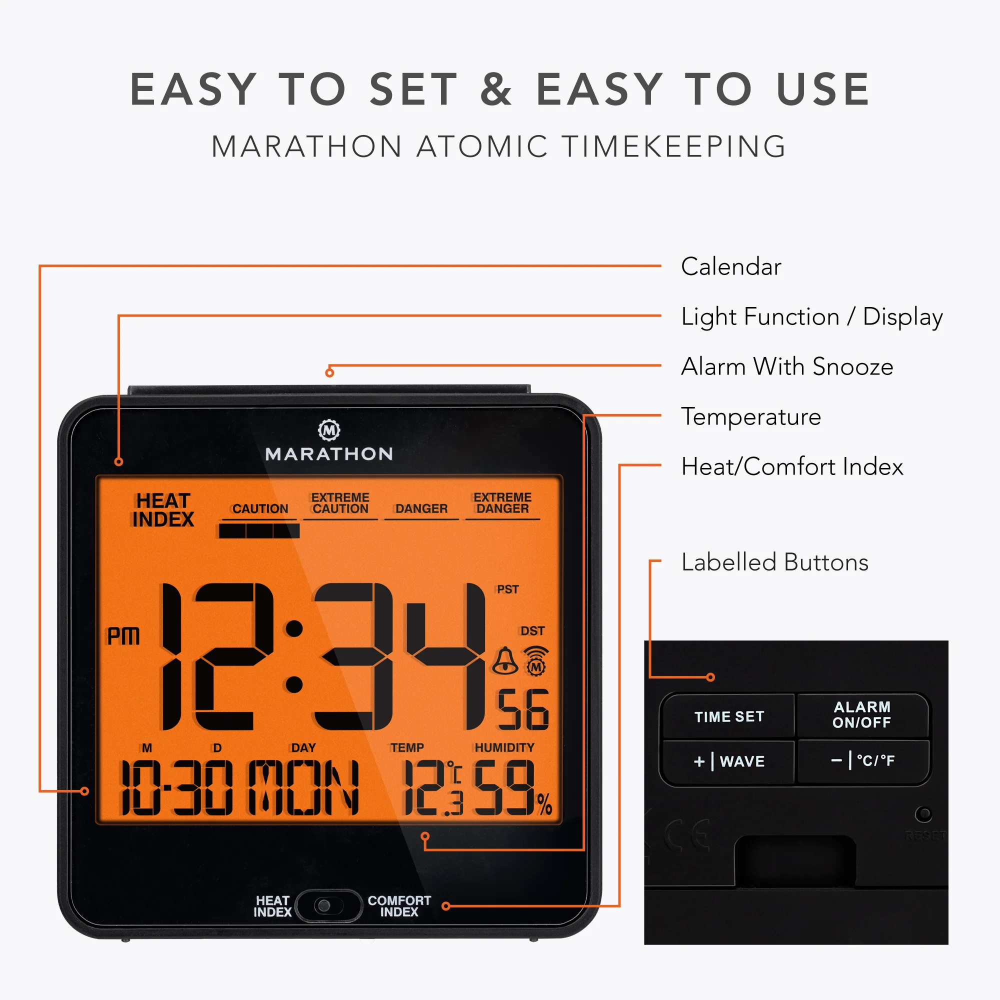 Self-Setting Desk Clock with Backlight, Heat & Comfort Index - Image 39
