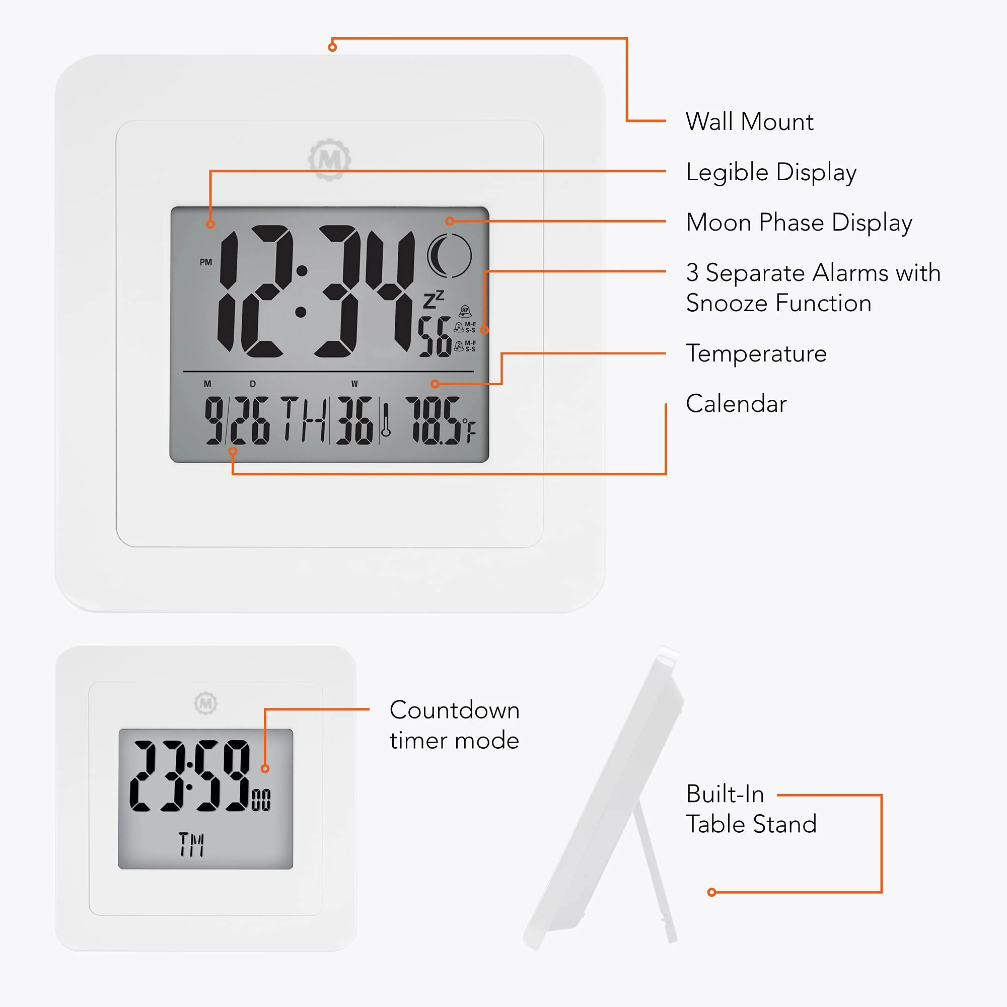 Marathon BASICS Digital Wall Clock with Moon Phase - White - Image 5
