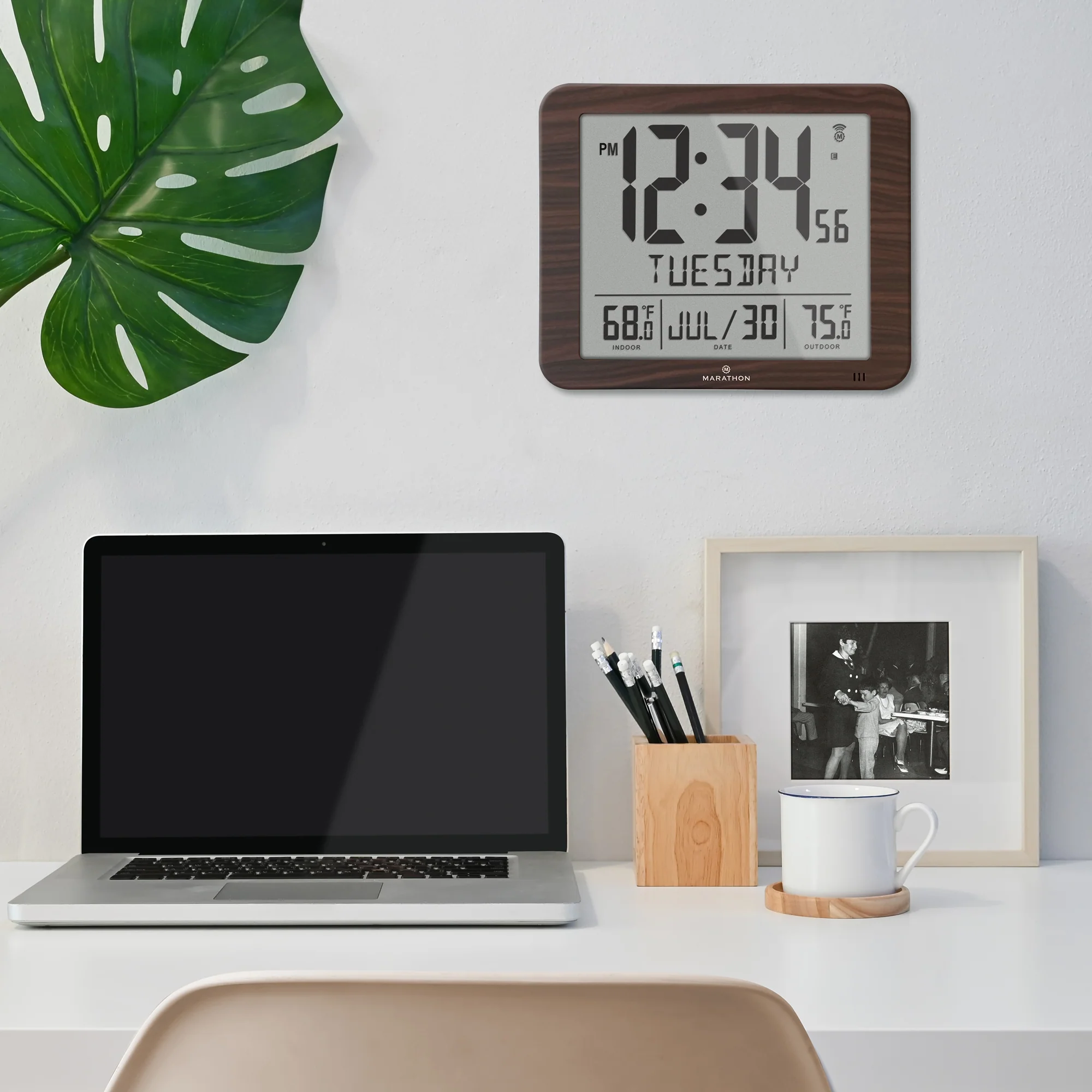Slim Self-Setting Full Calendar Wall Clock with Indoor/Outdoor Temperature - Image 22