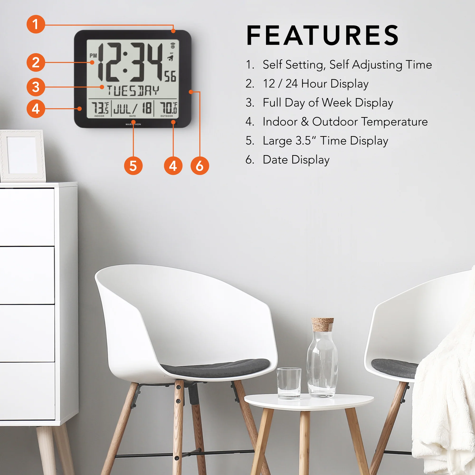 Slim Self-Setting Full Calendar Wall Clock with Indoor/Outdoor Temperature - Image 6